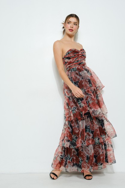 Floral-tiered Strapless Maxi Dress #23238000