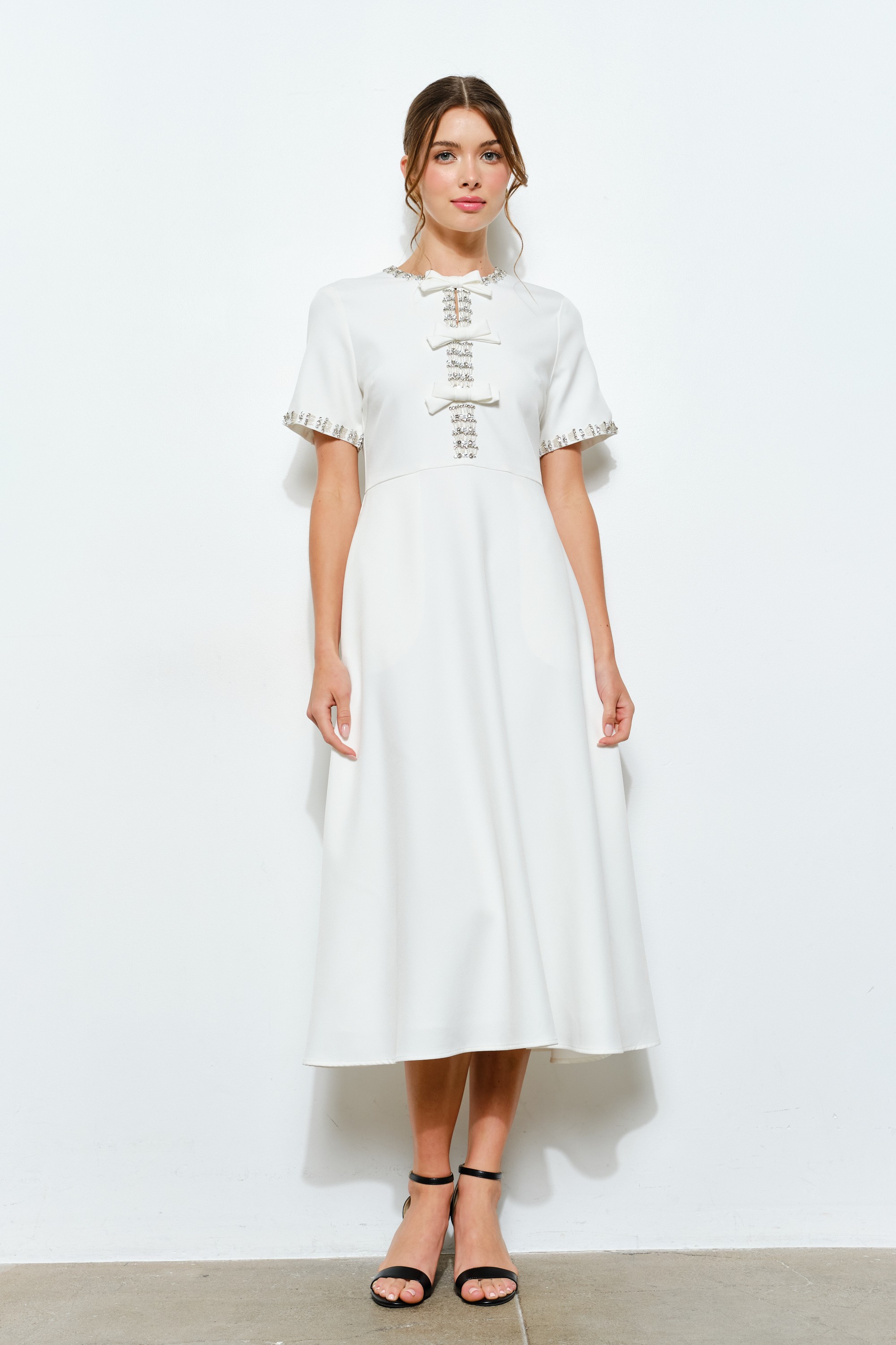 Short Sleeve Embellished Bow Midi Dress #23704849