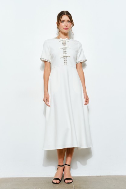 Short Sleeve Embellished Bow Midi Dress #23704849