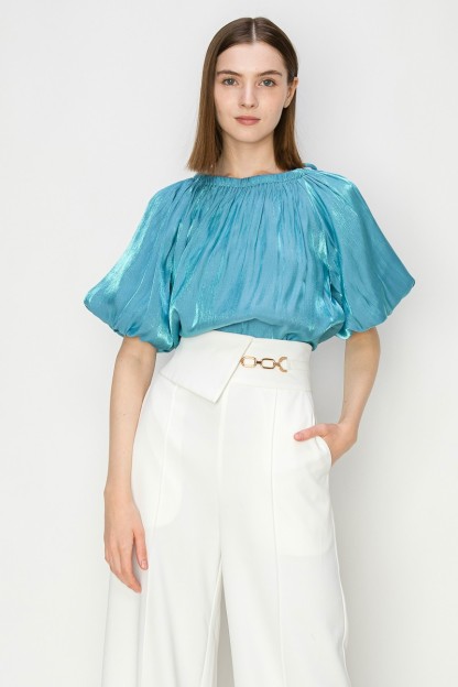 Satin Puff Balloon Sleeves Blouse Top #23108197