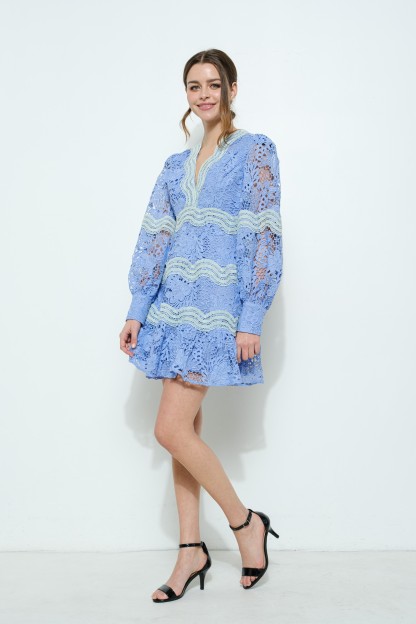 Lace Panel Puff-sleeve Open-back Mini Dress #23569107