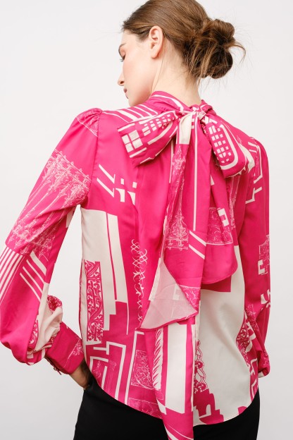 Long Puff Sleeve Abstract Print Bow Detail Blouse #23672957