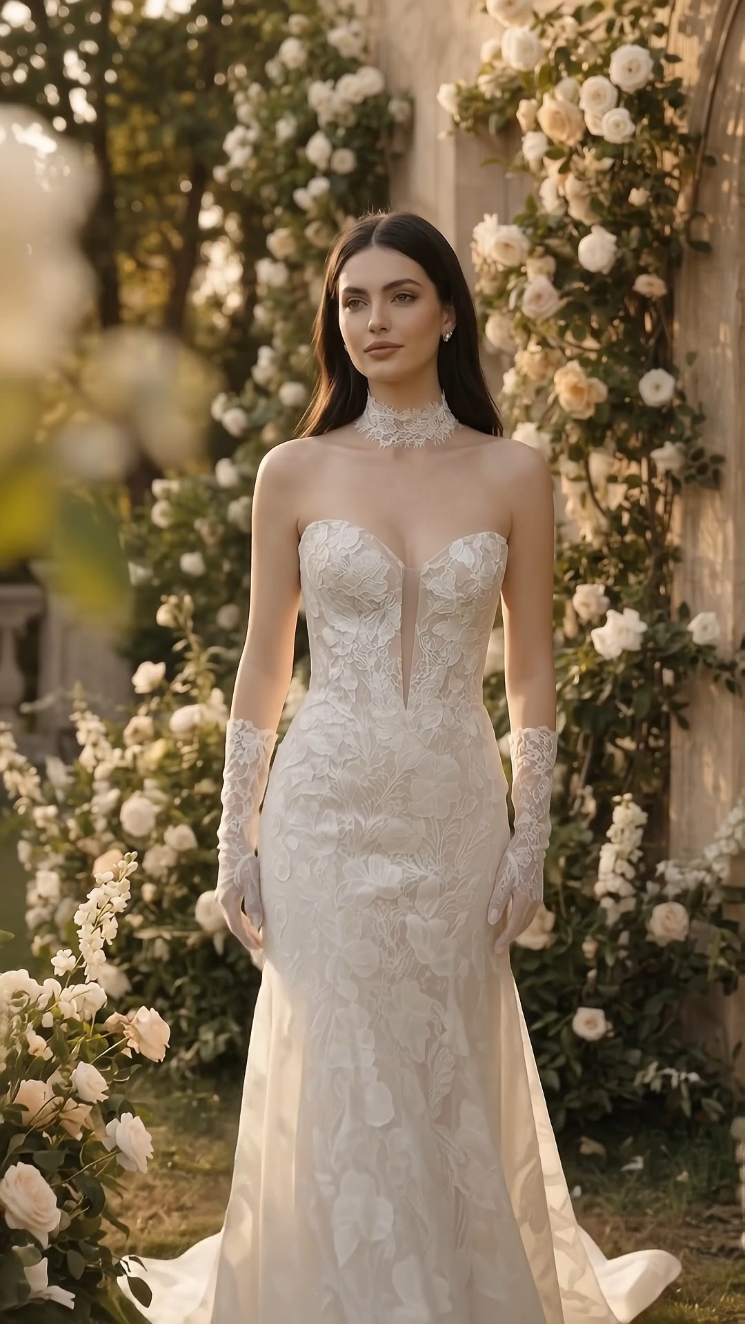 Couture Lee Dramatic Plunging V Neckline & Underlay Lace with Floral Embroidery Lace Sheath Dress