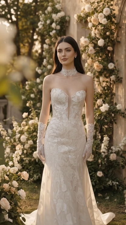Couture Lee Dramatic Plunging V Neckline & Underlay Lace with Floral Embroidery Lace Sheath Dress