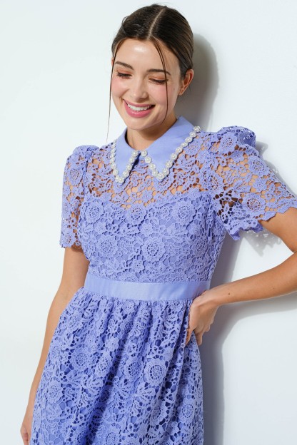 Pearl Embellished Collar Lace Midi Dress #23557937