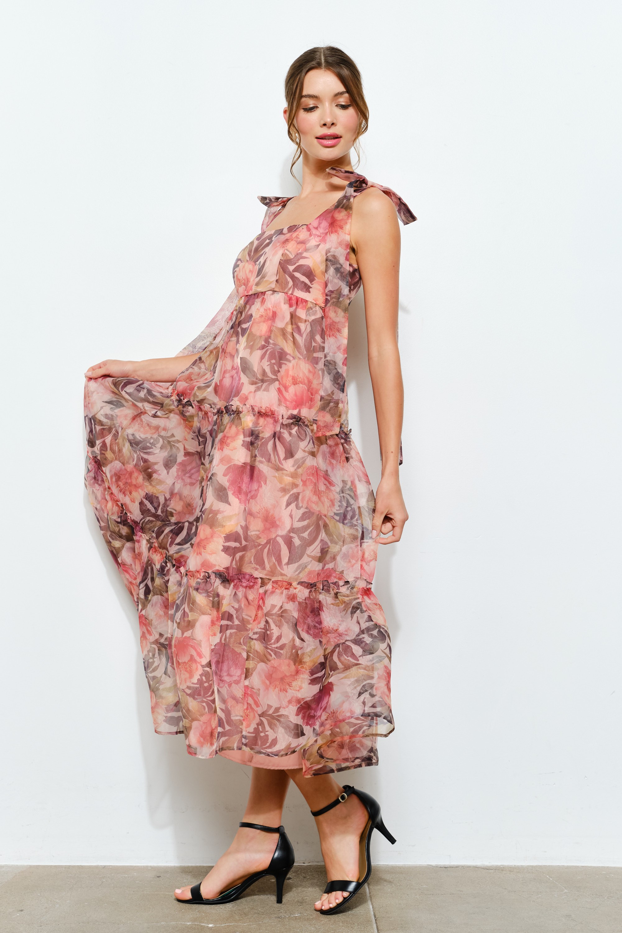 Organza Floral Printed Tiered Midi Dress #23591848