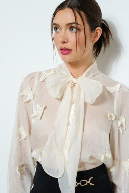 Sheer Embroidered Butterfly Bow Tie Blouse #23617579