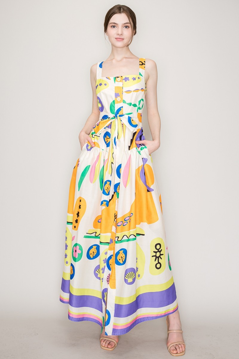 Sleeveless Square Neck Playful Printed Maxi Dress #23514942