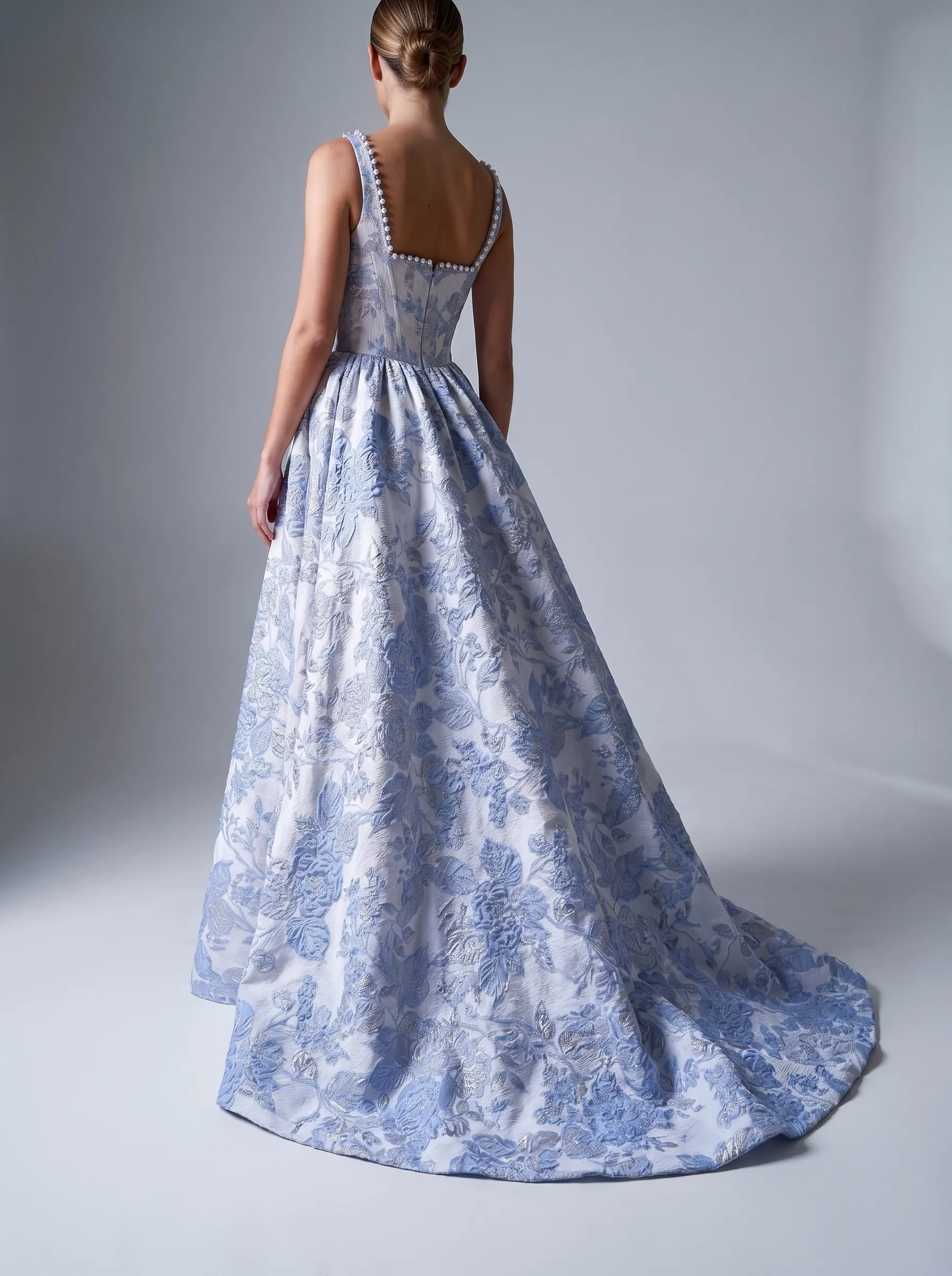 Brocade Ball Gown Prom Dress | Strapless Corset Bodice with Pearl Embellishments #3716  