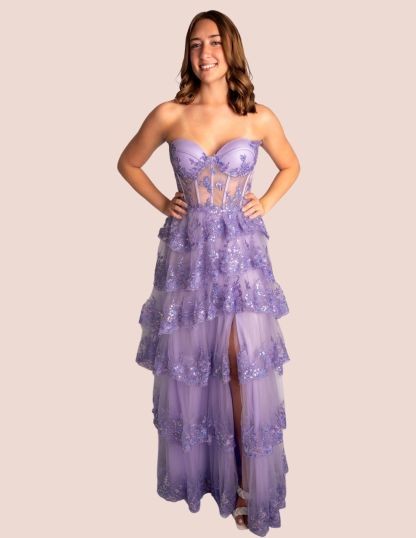 A-Line Strapless Mesh Tiered Ruffle Prom Dress With Slit #CL006
