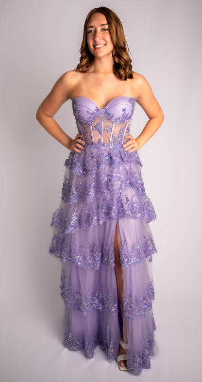 A-Line Strapless Mesh Tiered Ruffle Prom Dress With Slit #CL006