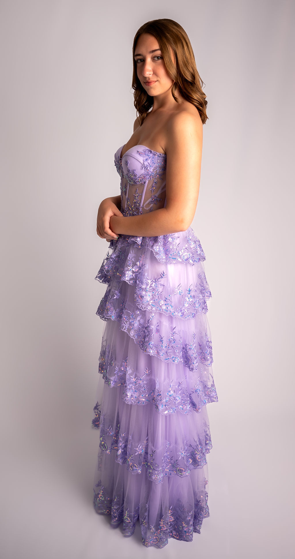 A-Line Strapless Mesh Tiered Ruffle Prom Dress With Slit #CL006