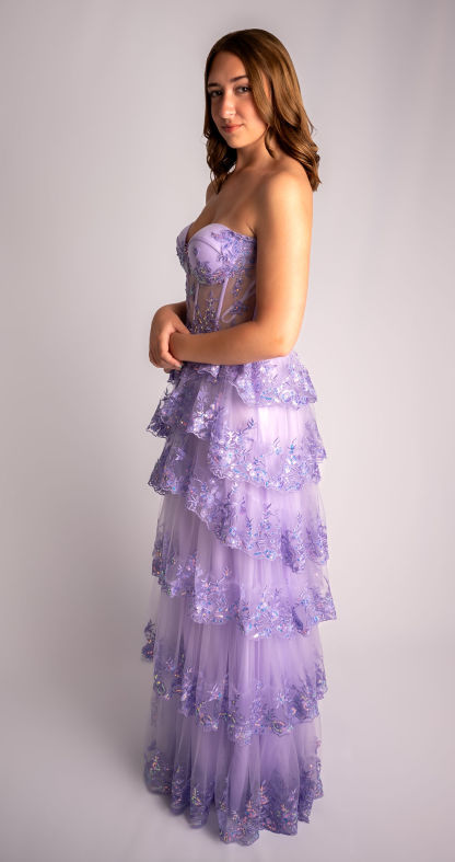 A-Line Strapless Mesh Tiered Ruffle Prom Dress With Slit #CL006