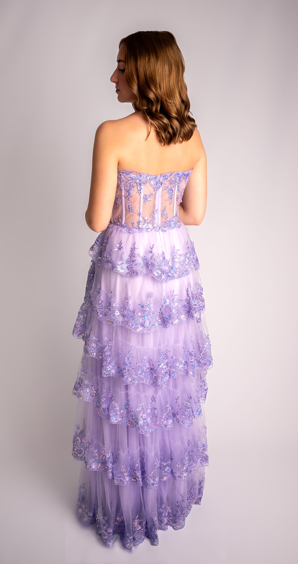 A-Line Strapless Mesh Tiered Ruffle Prom Dress With Slit #CL006