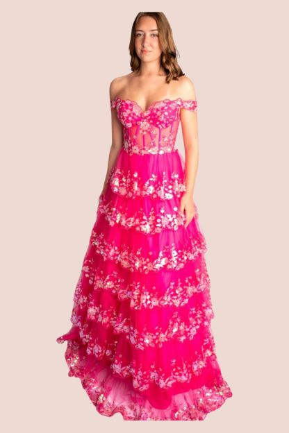 A-Line Sweetheart Mesh Tiered Ruffle Off-Shoulder Prom Dress #CL007
