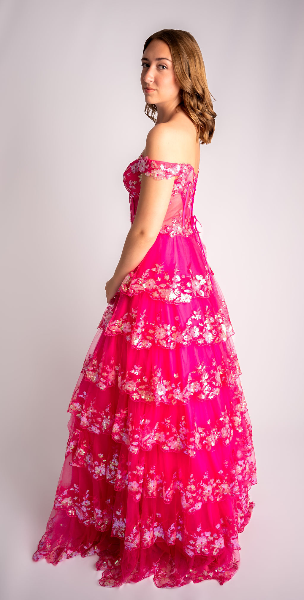 A-Line Sweetheart Mesh Tiered Ruffle Off-Shoulder Prom Dress #CL007