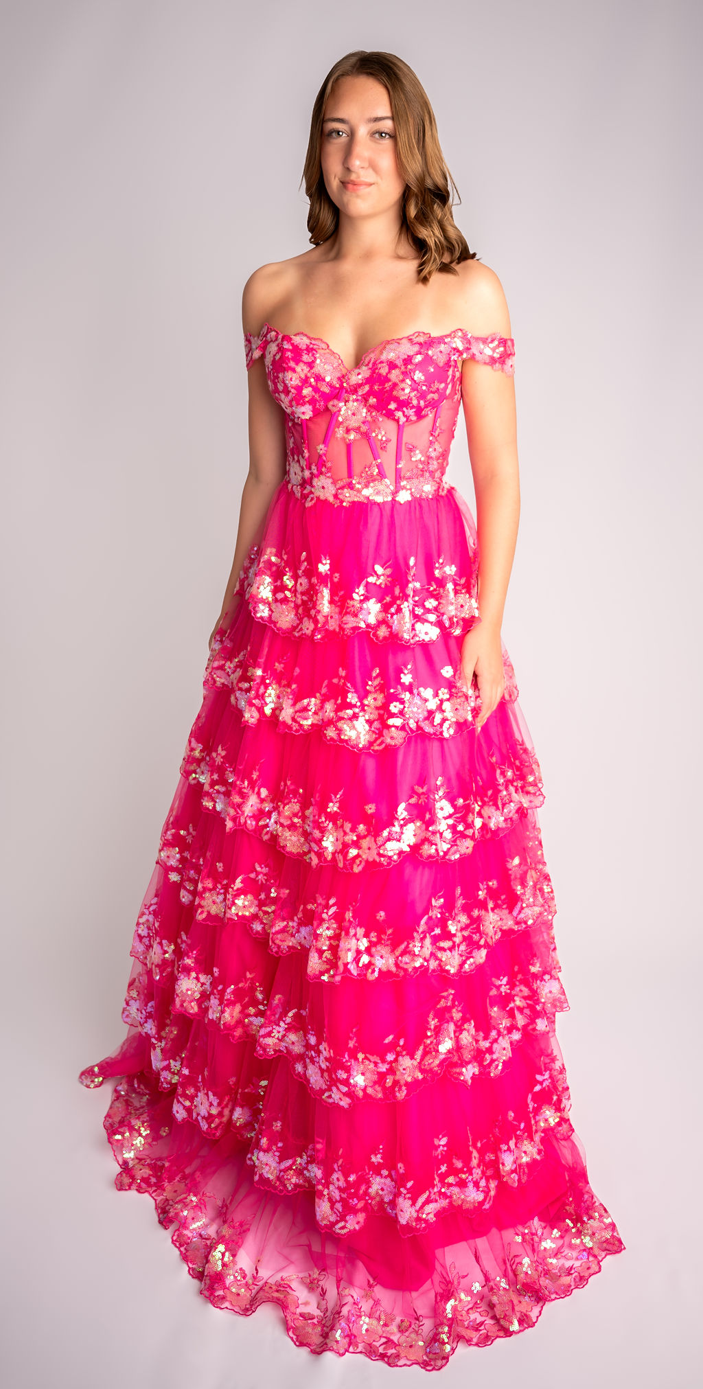 A-Line Sweetheart Mesh Tiered Ruffle Off-Shoulder Prom Dress #CL007