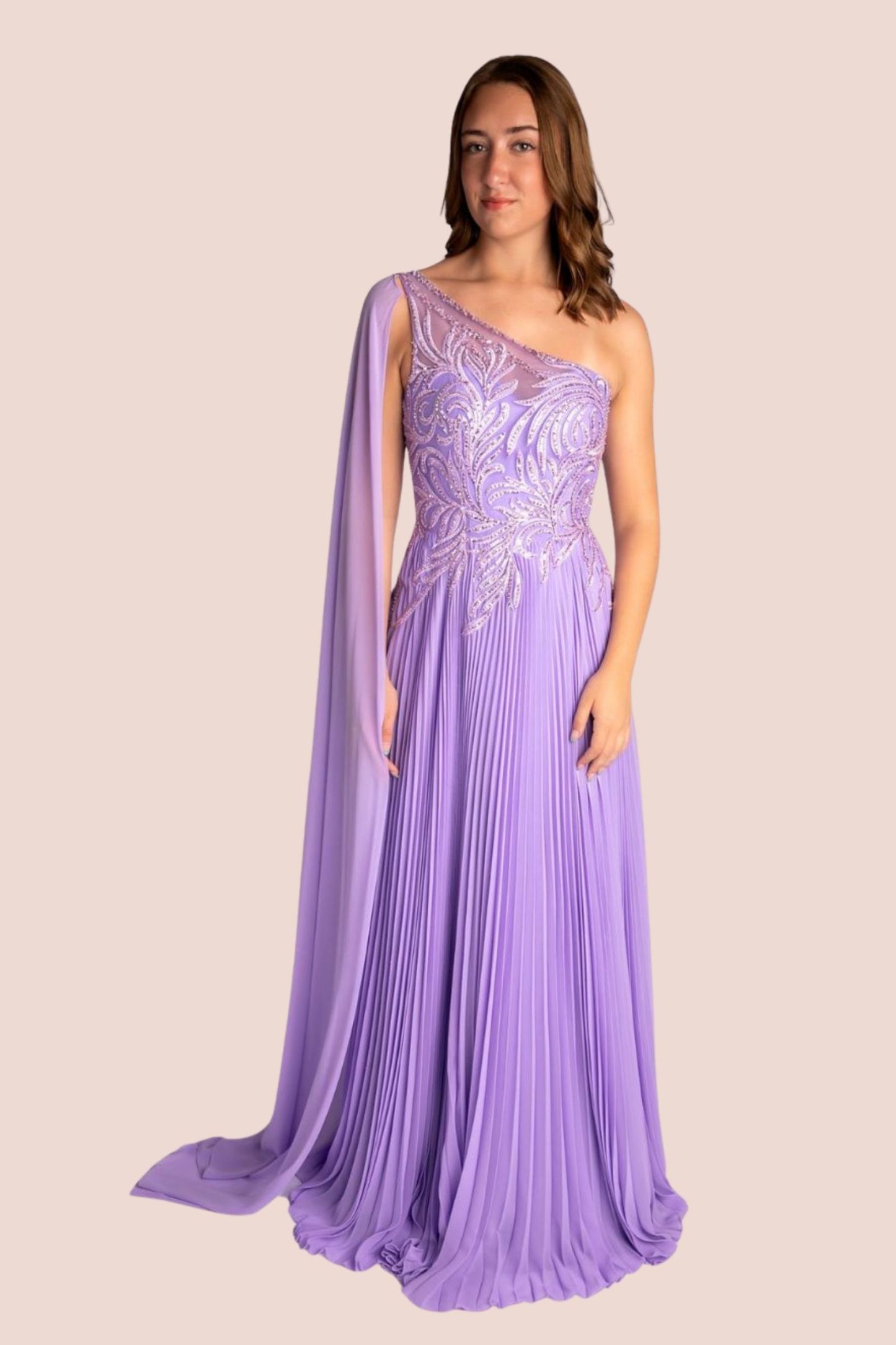 A-Line One Shoulder Pleated Floral Lace Prom Dress With Drape Sleeve #CL011