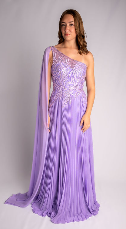 A-Line One Shoulder Pleated Floral Lace Prom Dress With Drape Sleeve #CL011