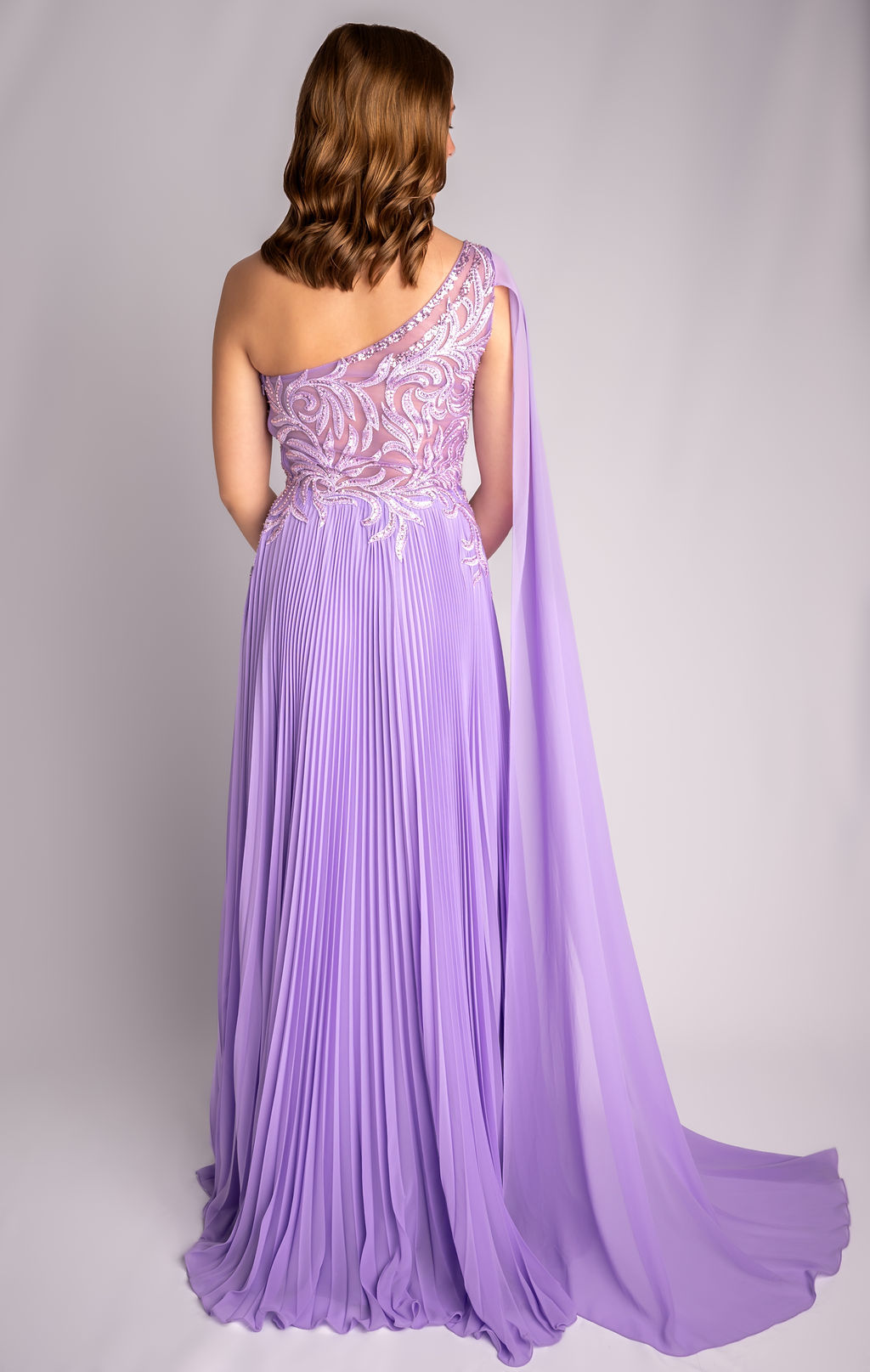 A-Line One Shoulder Pleated Floral Lace Prom Dress With Drape Sleeve #CL011