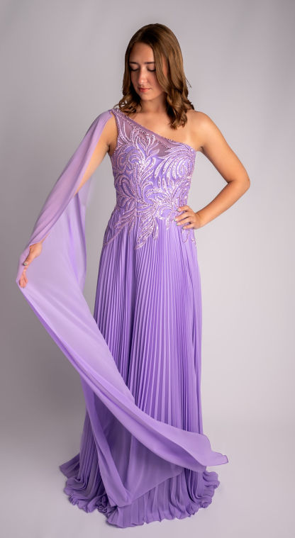 A-Line One Shoulder Pleated Floral Lace Prom Dress With Drape Sleeve #CL011