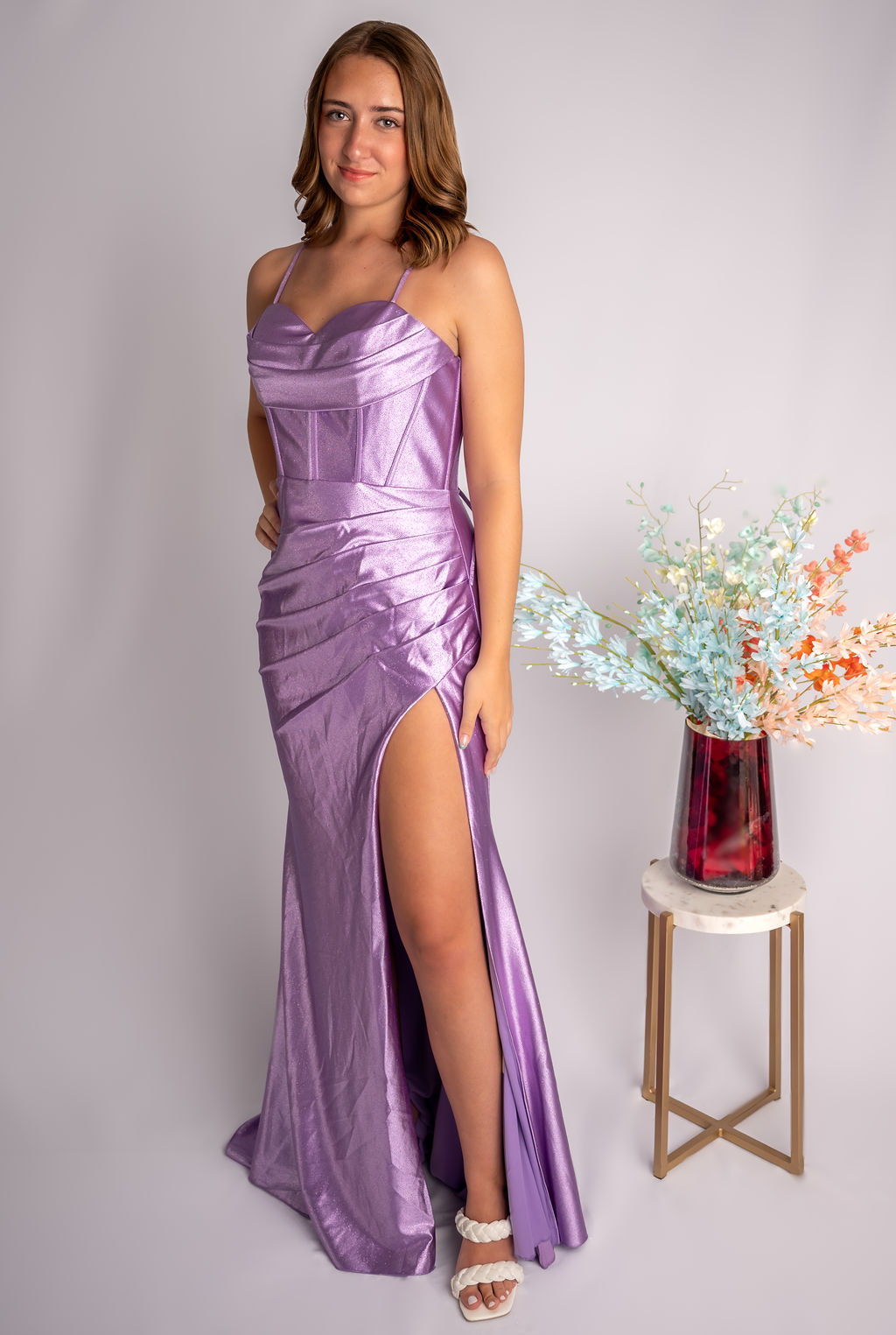 Sheath Cowl Satin Corset Bodice Rouched Skirt Slit Prom Dress #CL019