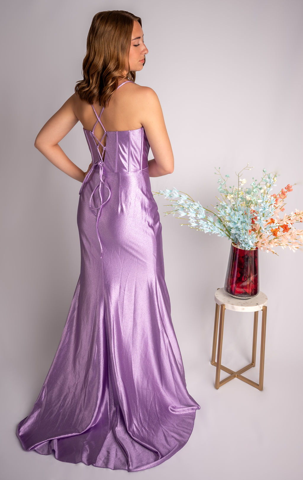 Sheath Cowl Satin Corset Bodice Rouched Skirt Slit Prom Dress #CL019