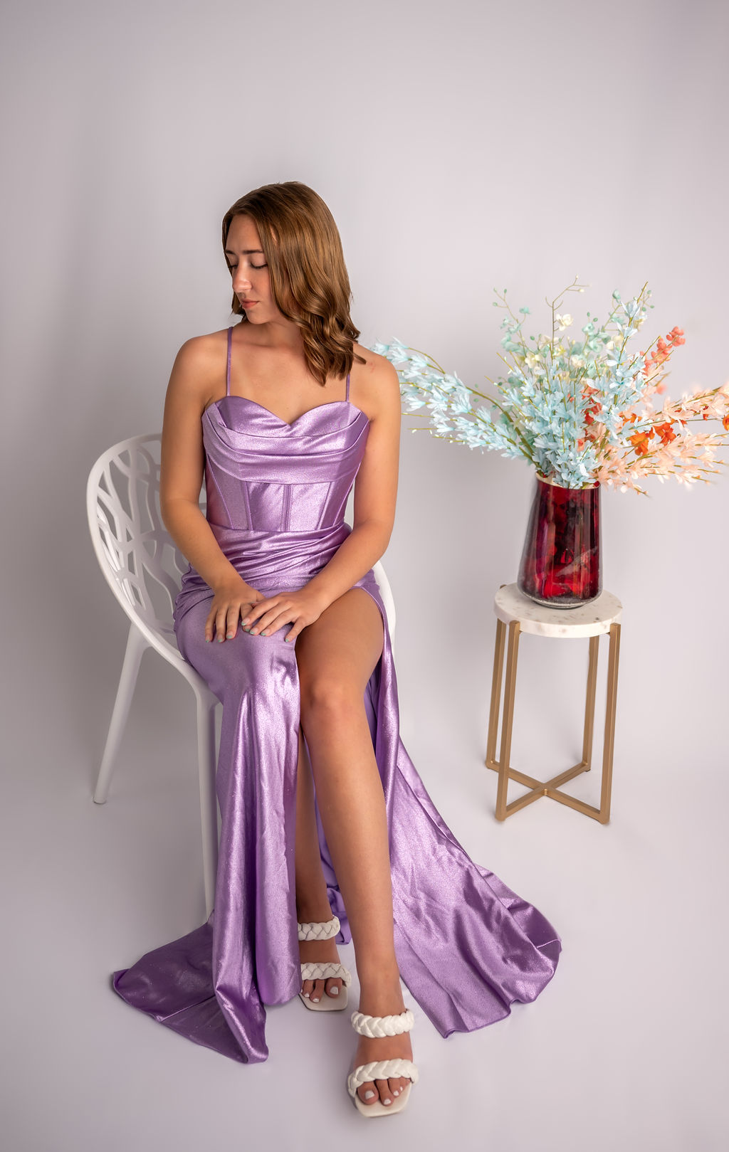 Sheath Cowl Satin Corset Bodice Rouched Skirt Slit Prom Dress #CL019