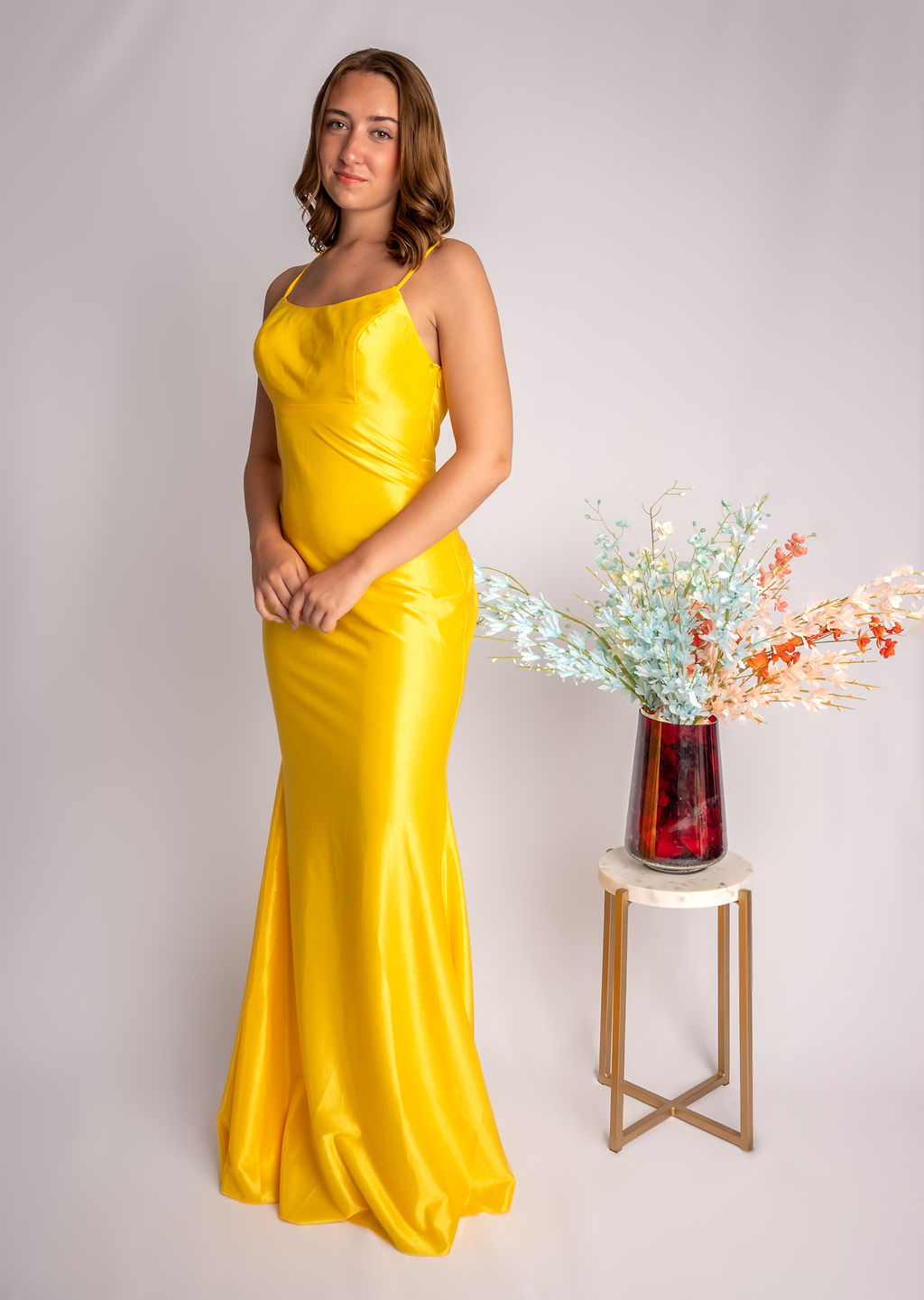 Fit And Flare Spagetti Straps High Scoop Neckline Satin Prom Dress #CL020