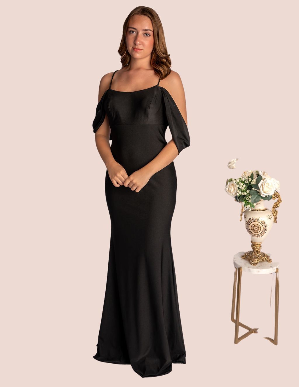 Fit And Flare Spagetti Straps Draped Off Shoulder Sleeves Satin Prom Dress #CL021