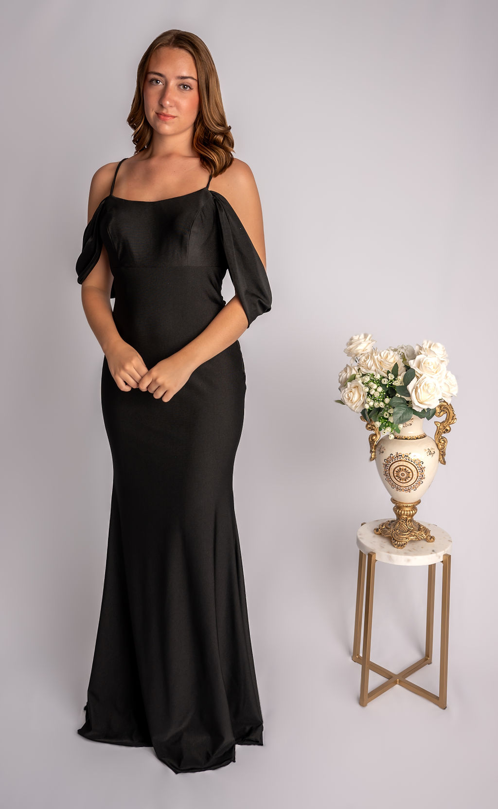 Fit And Flare Spagetti Straps Draped Off Shoulder Sleeves Satin Prom Dress #CL021