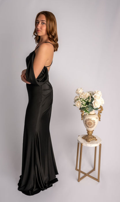 Fit And Flare Spagetti Straps Draped Off Shoulder Sleeves Satin Prom Dress #CL021