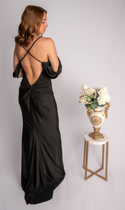 Fit And Flare Spagetti Straps Draped Off Shoulder Sleeves Satin Prom Dress #CL021
