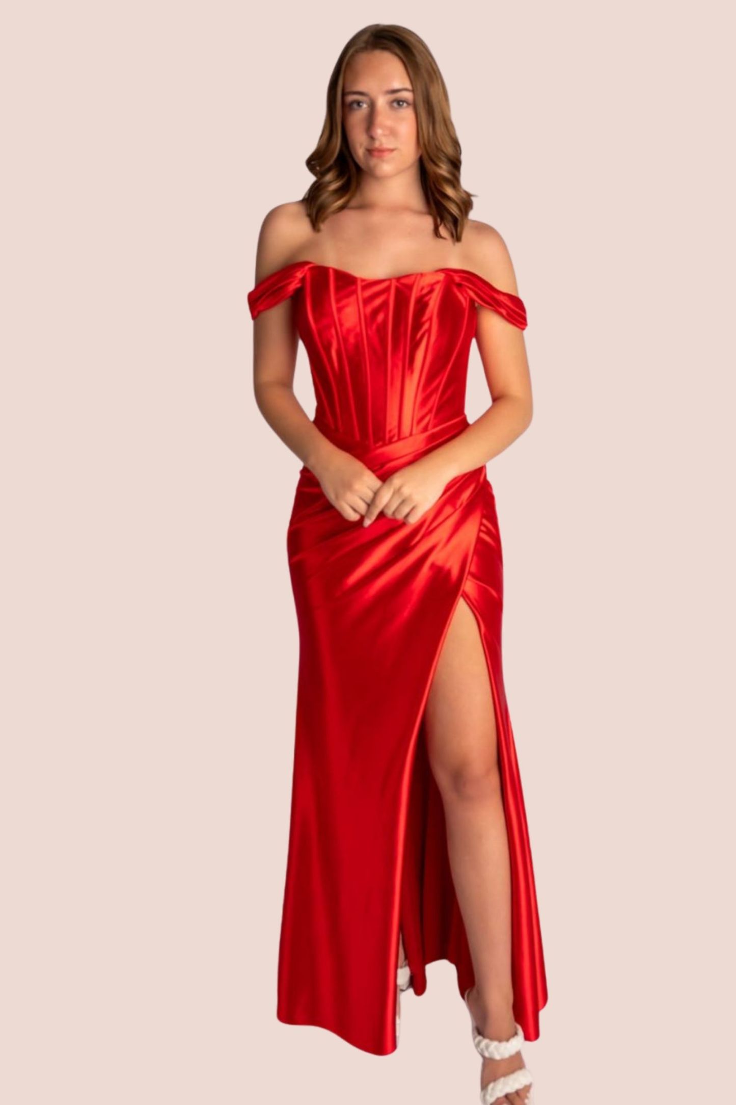 Corset Bodice Open Slit Draped Off Shoulder Sleeves Prom Dress #CL022
