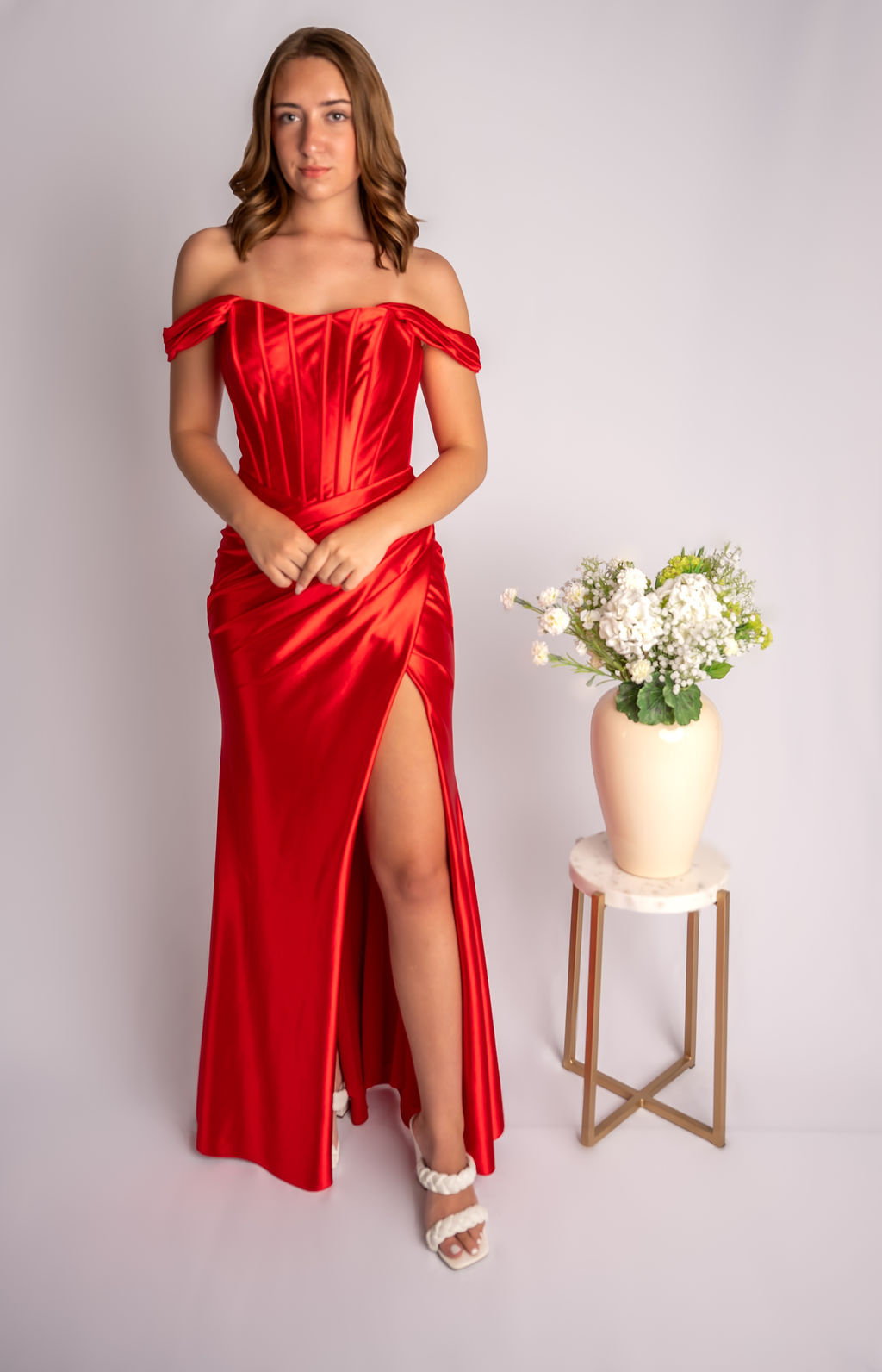 Corset Bodice Open Slit Draped Off Shoulder Sleeves Prom Dress #CL022