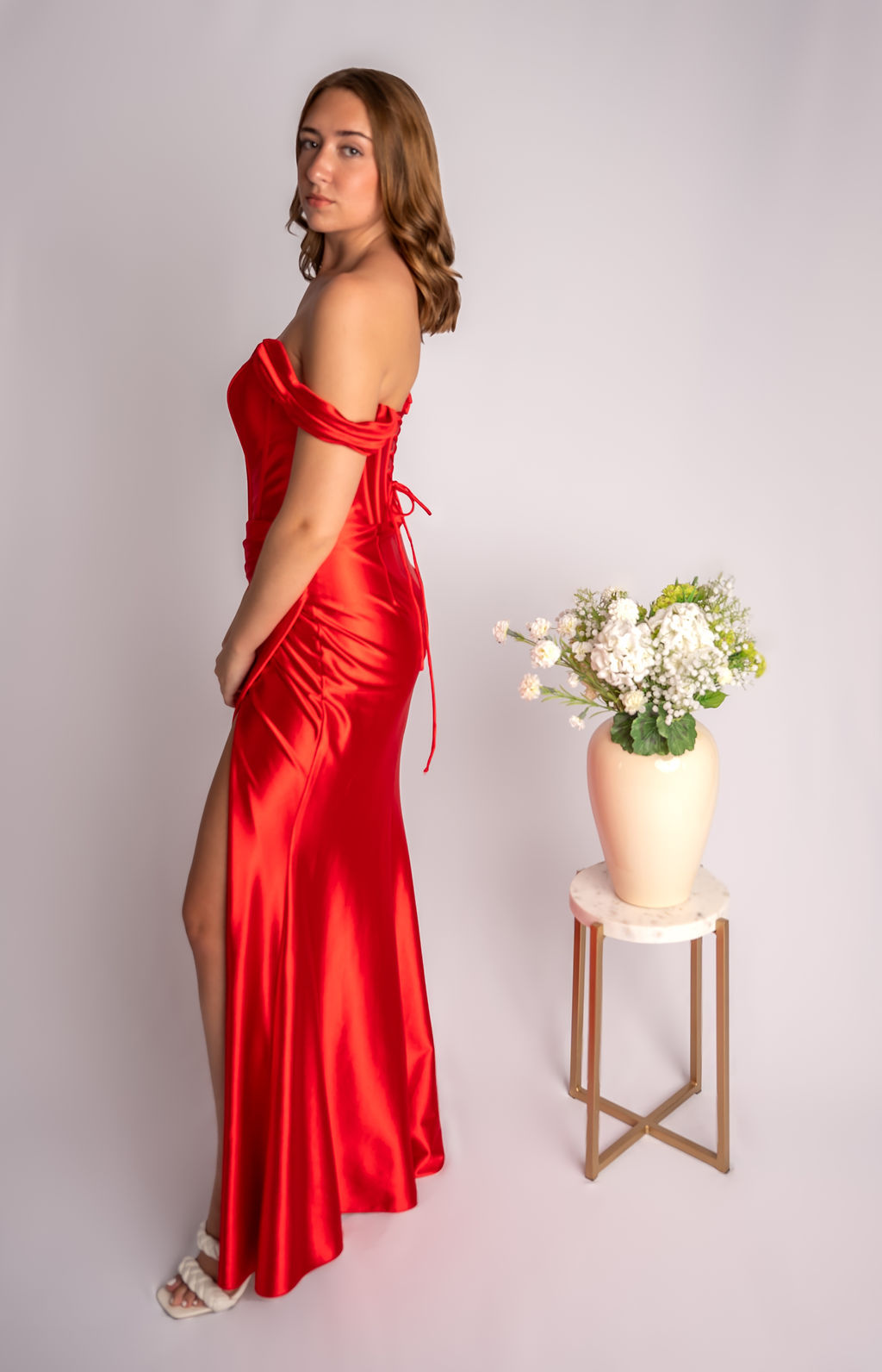 Corset Bodice Open Slit Draped Off Shoulder Sleeves Prom Dress #CL022