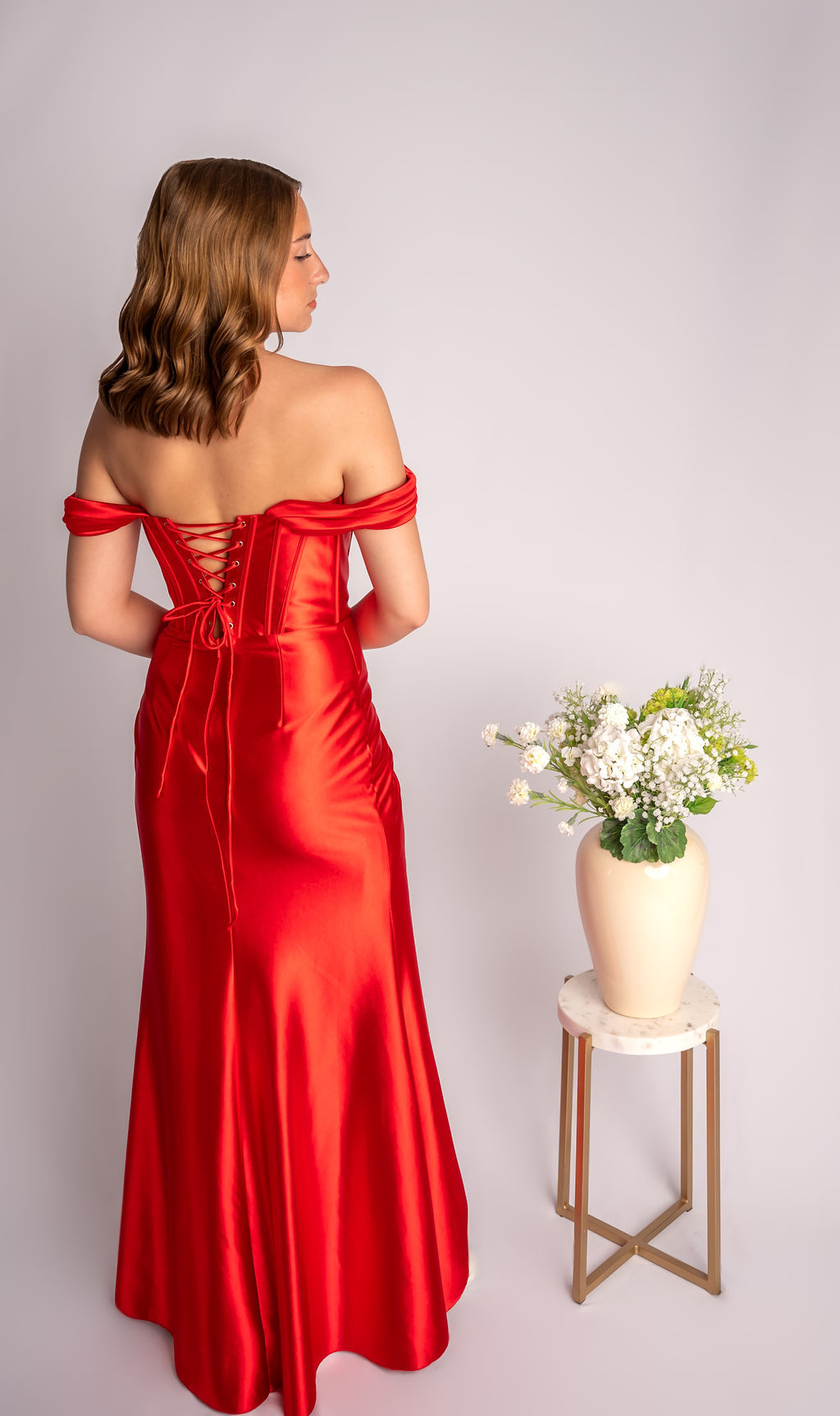 Corset Bodice Open Slit Draped Off Shoulder Sleeves Prom Dress #CL022