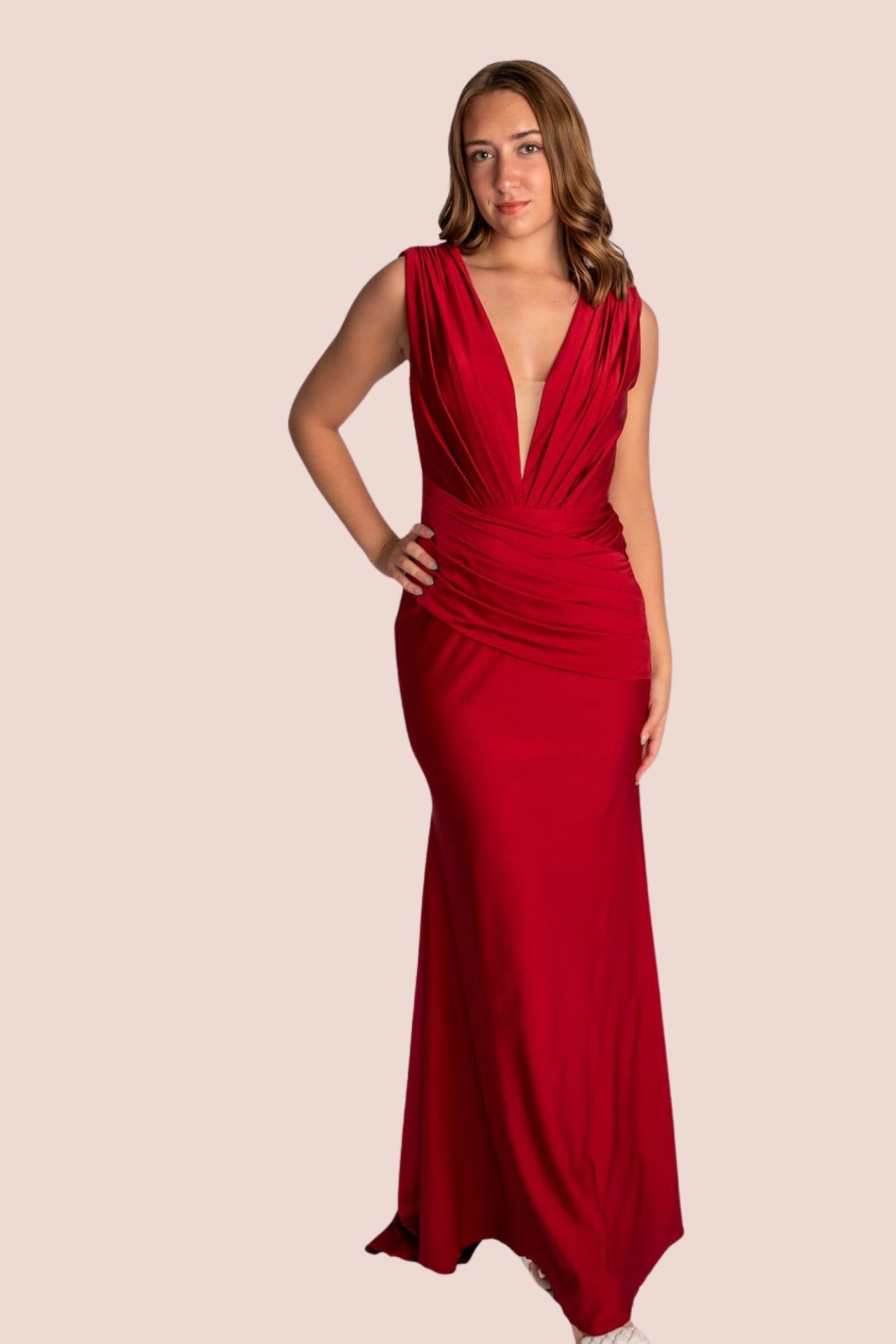 Sheath Satin Strapless Deep V Neckline Rouched Waist Prom Dress #CL024