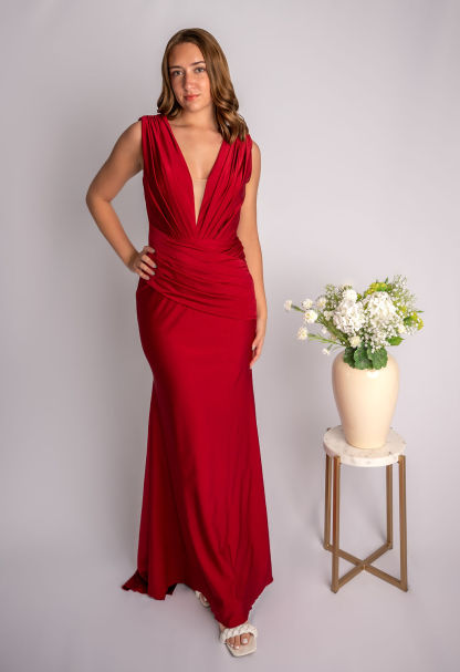 Sheath Satin Strapless Deep V Neckline Rouched Waist Prom Dress #CL024