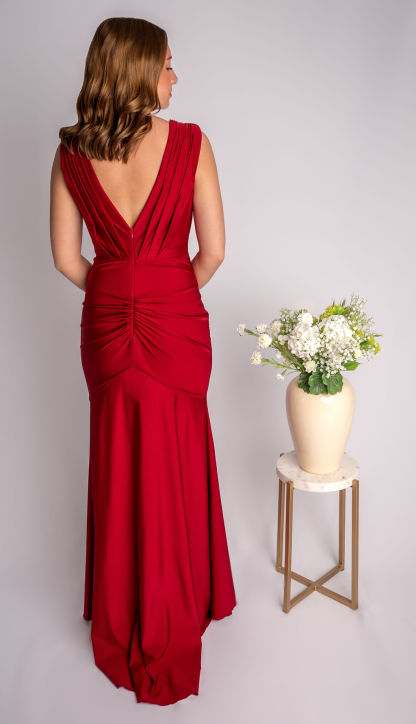 Sheath Satin Strapless Deep V Neckline Rouched Waist Prom Dress #CL024