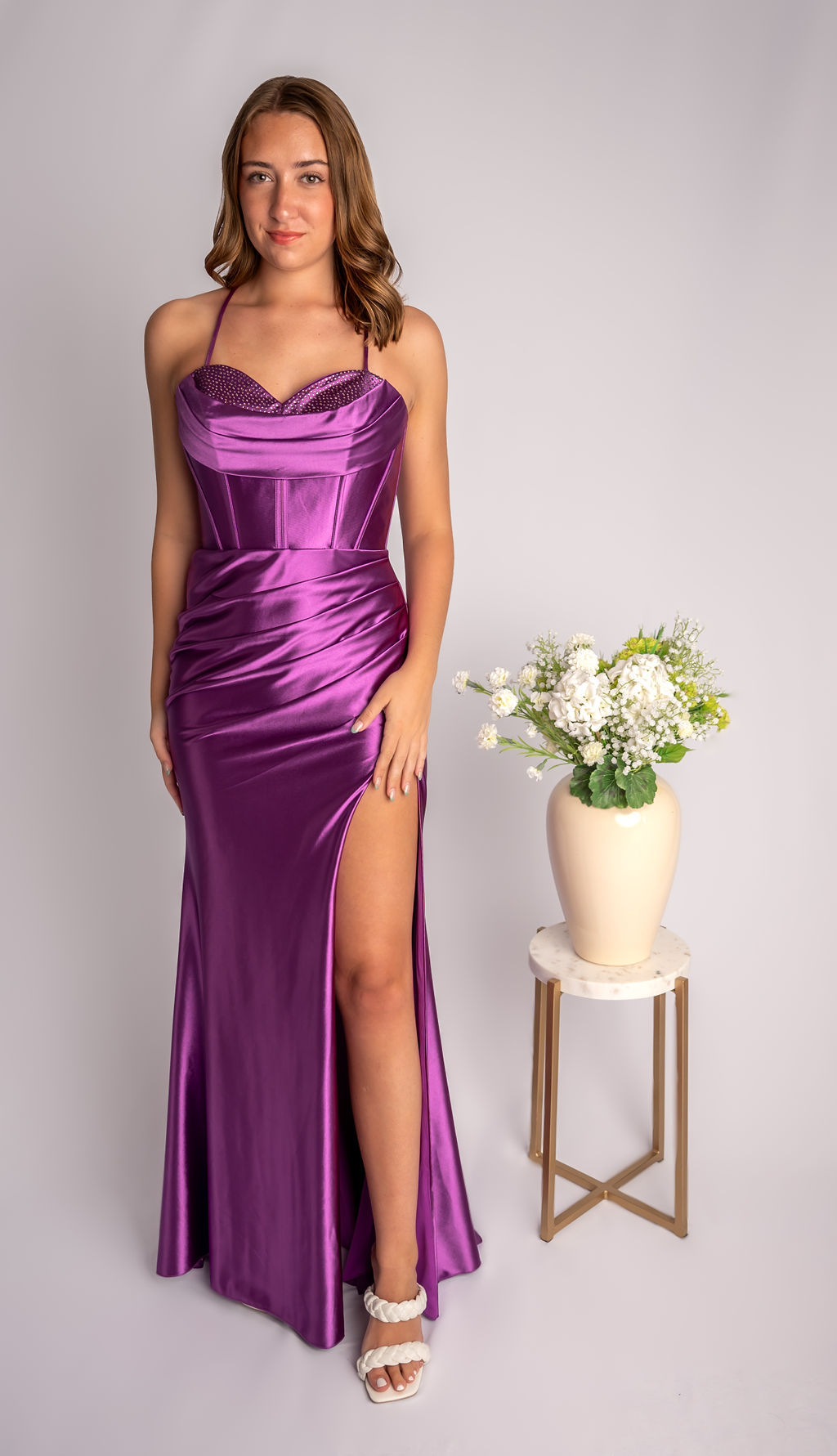 Sheath Satin Cowl Deep Corset Bodice Prom Dress With Slit #CL025