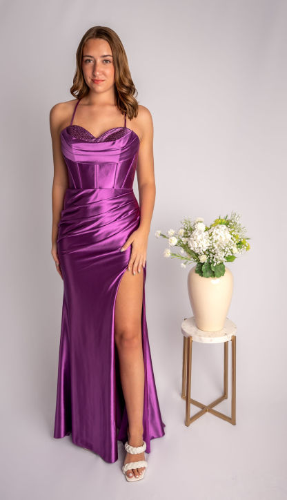 Sheath Satin Cowl Deep Corset Bodice Prom Dress With Slit #CL025
