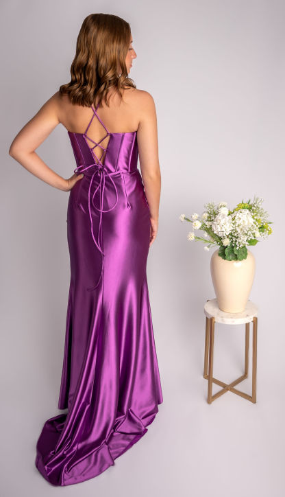 Sheath Satin Cowl Deep Corset Bodice Prom Dress With Slit #CL025