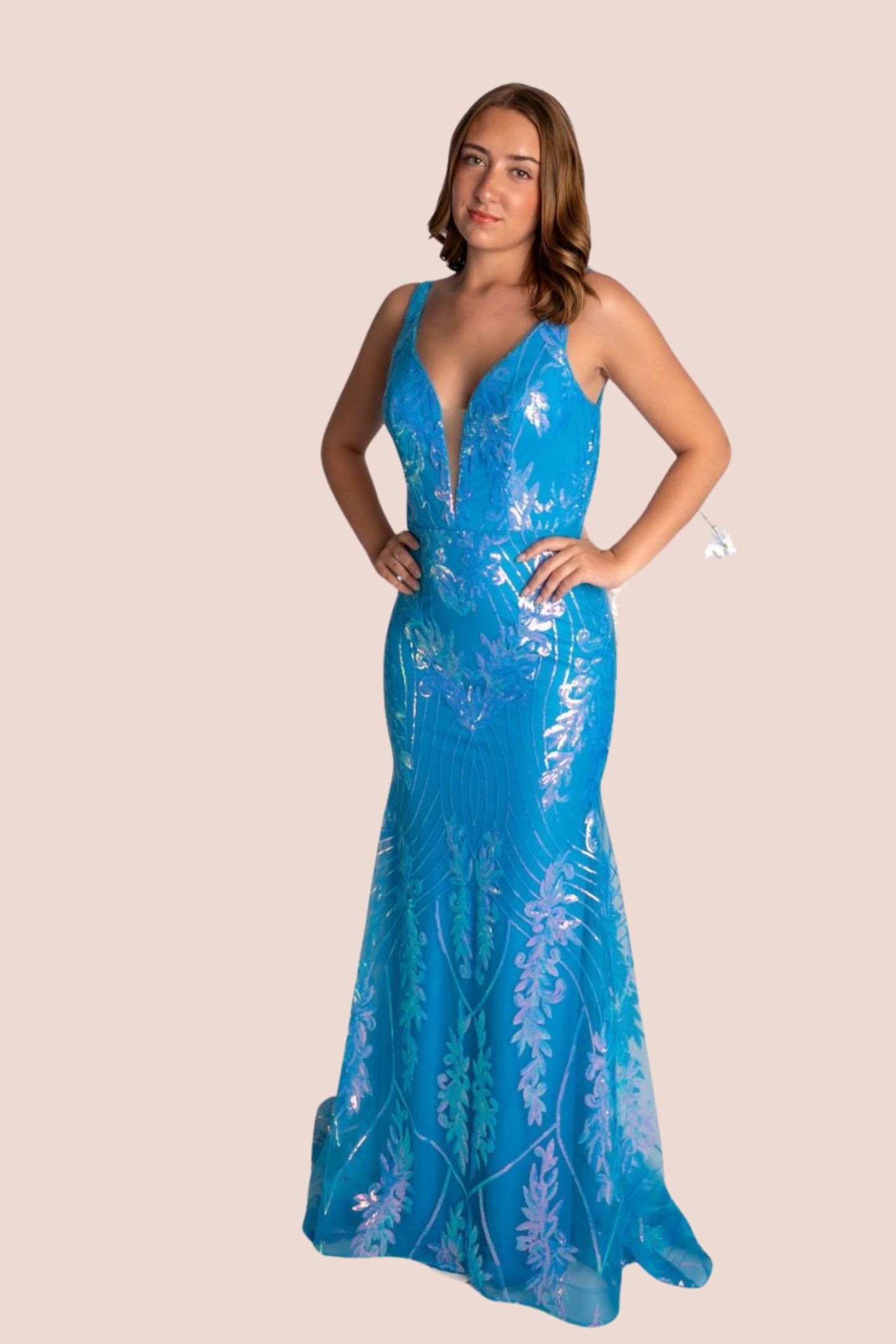 Fit And Flare Deep V Neckline Straps Sequin Prom Dress #CL026