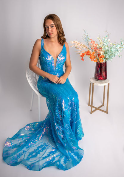 Fit And Flare Deep V Neckline Straps Sequin Prom Dress #CL026