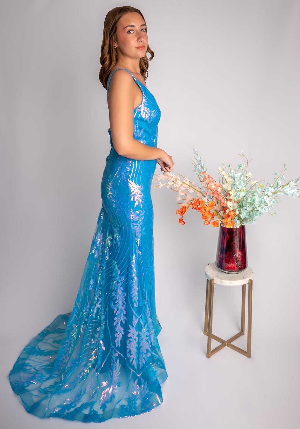 Fit And Flare Deep V Neckline Straps Sequin Prom Dress #CL026