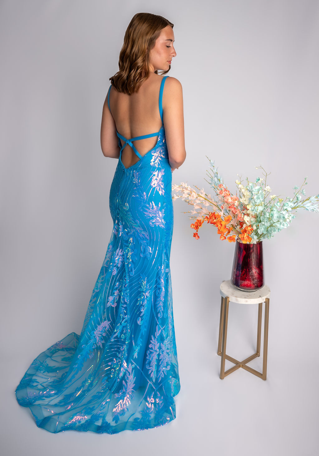 Fit And Flare Deep V Neckline Straps Sequin Prom Dress #CL026