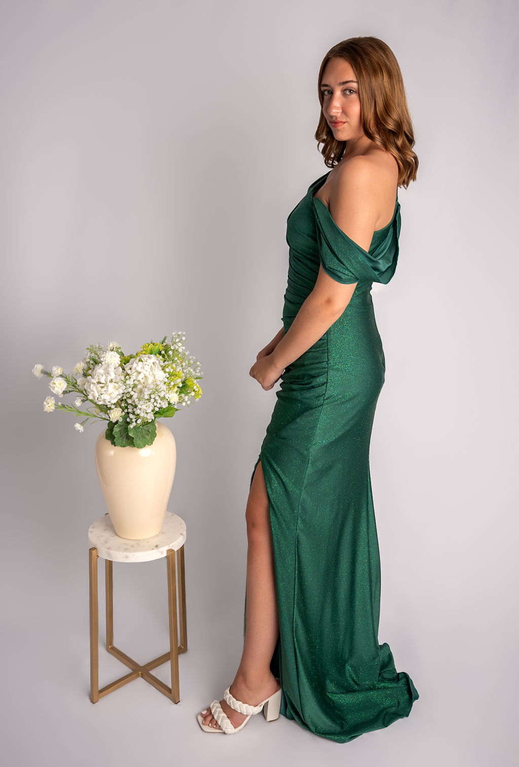 Glittery Sheath One Shoulder Draped Off Shoulder Sleeve Prom Dress #CL027