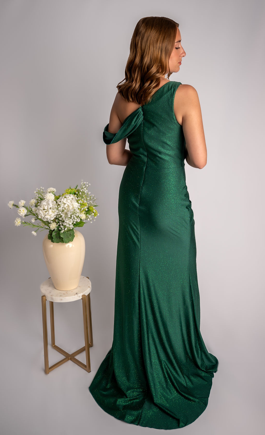 Glittery Sheath One Shoulder Draped Off Shoulder Sleeve Prom Dress #CL027
