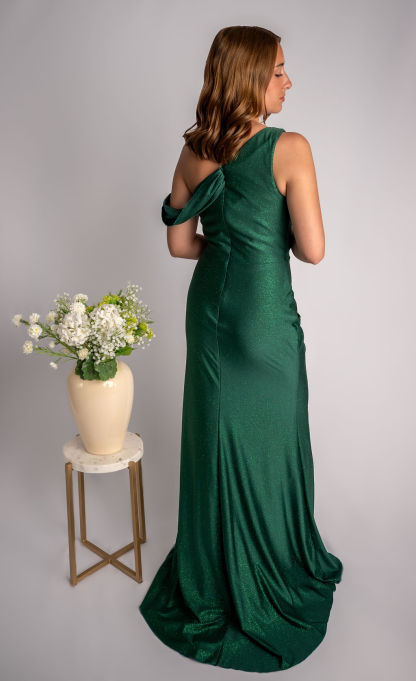 Glittery Sheath One Shoulder Draped Off Shoulder Sleeve Prom Dress #CL027